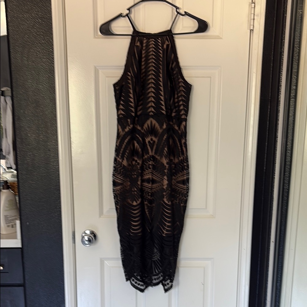 Bardot Black Tan Halter Sheath Cocktail Dress sexy cocktail sleeveless backless